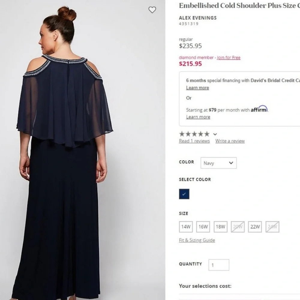NEW ALEX EVENINGS Gown Dress 18 Navy Embellished Chiffon Cold Shoulder Layered - Picture 2 of 4